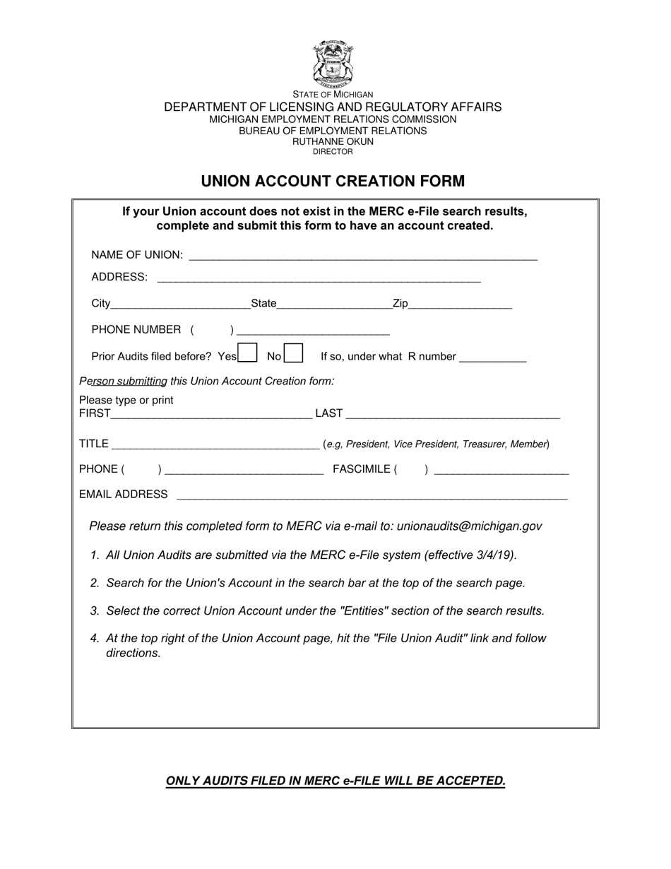 Union Account Creation Form - Michigan, Page 1