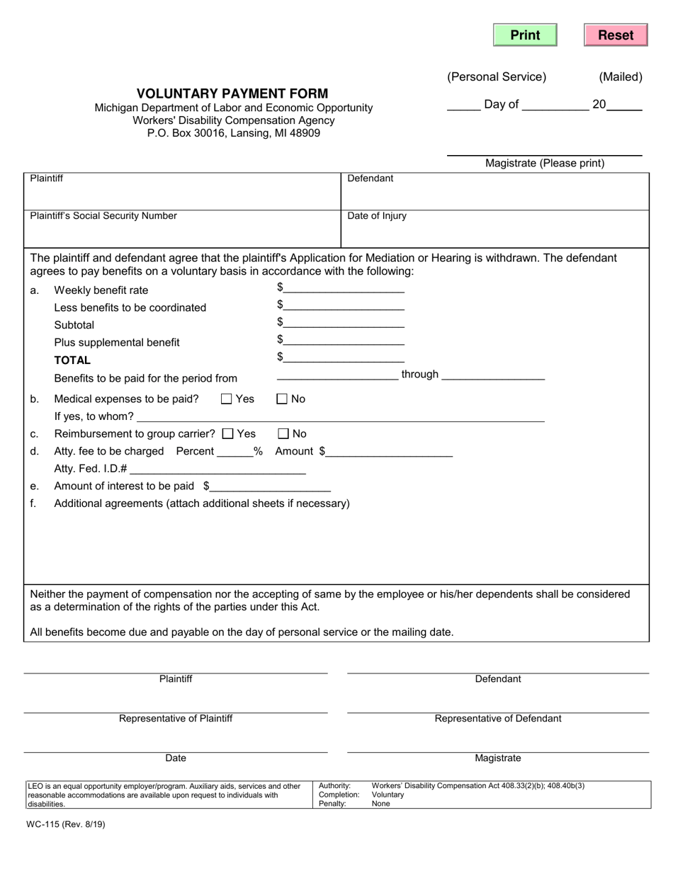 Form WC-115 Voluntary Payment Form - Michigan, Page 1