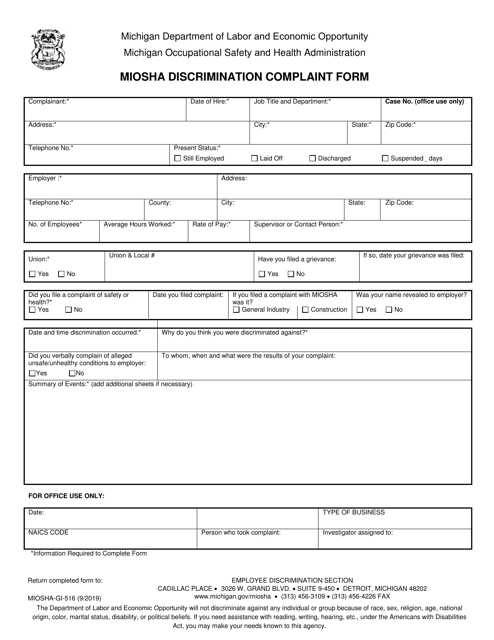 Form MIOSHA-GI-516 Miosha Discrimination Complaint Form - Michigan