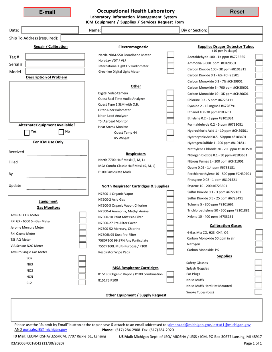 Form ICM2006F001 Icm Equipment / Supplies / Services Request Form - Michigan, Page 1