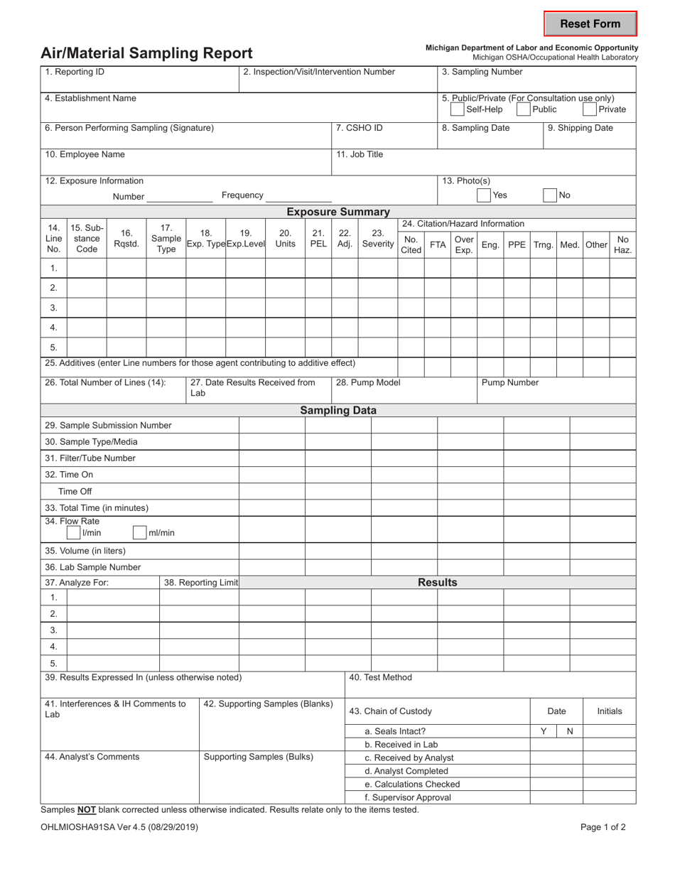 Form OHLMIOSHA91SA Air / Material Sampling Report - Michigan, Page 1