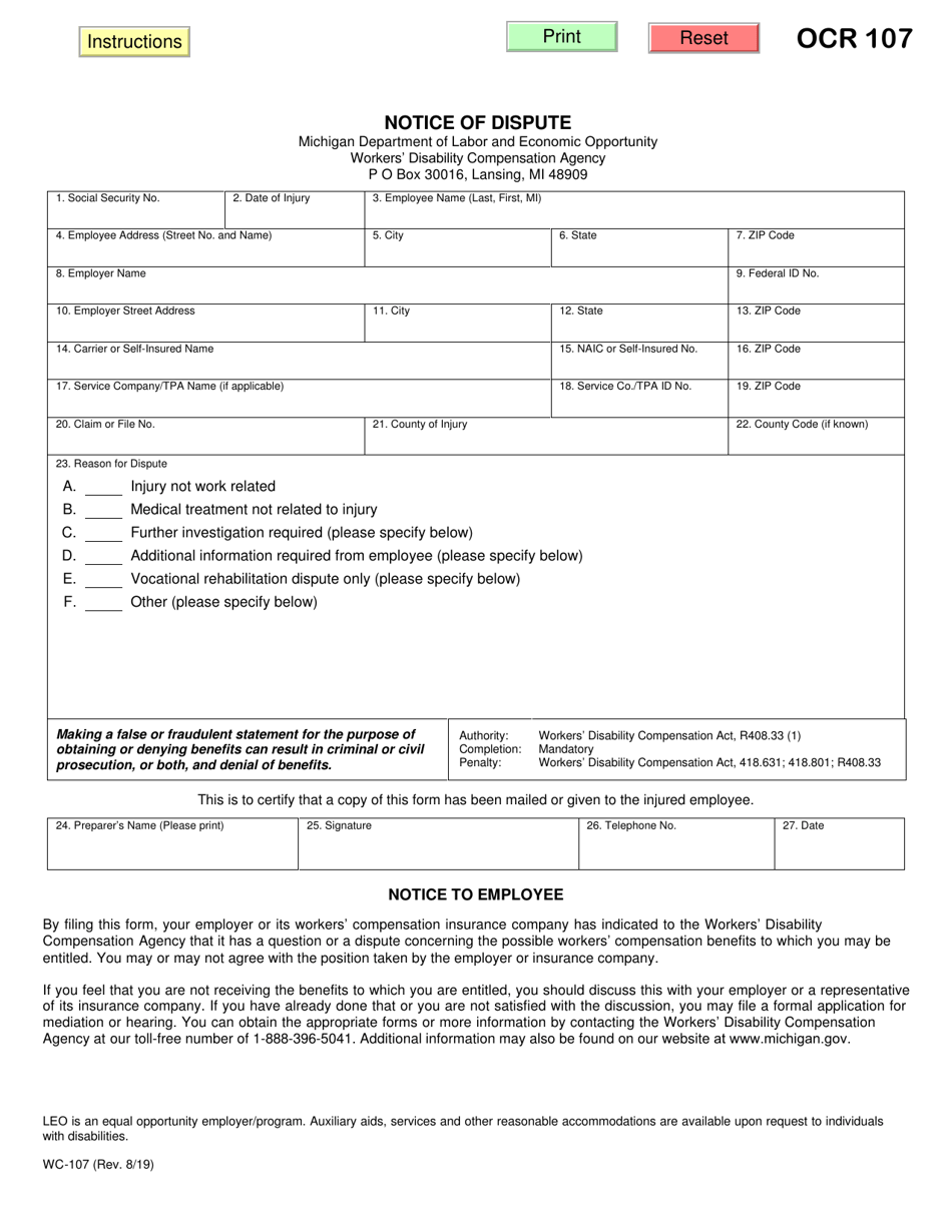 Form WC-107 Notice of Dispute - Michigan, Page 1