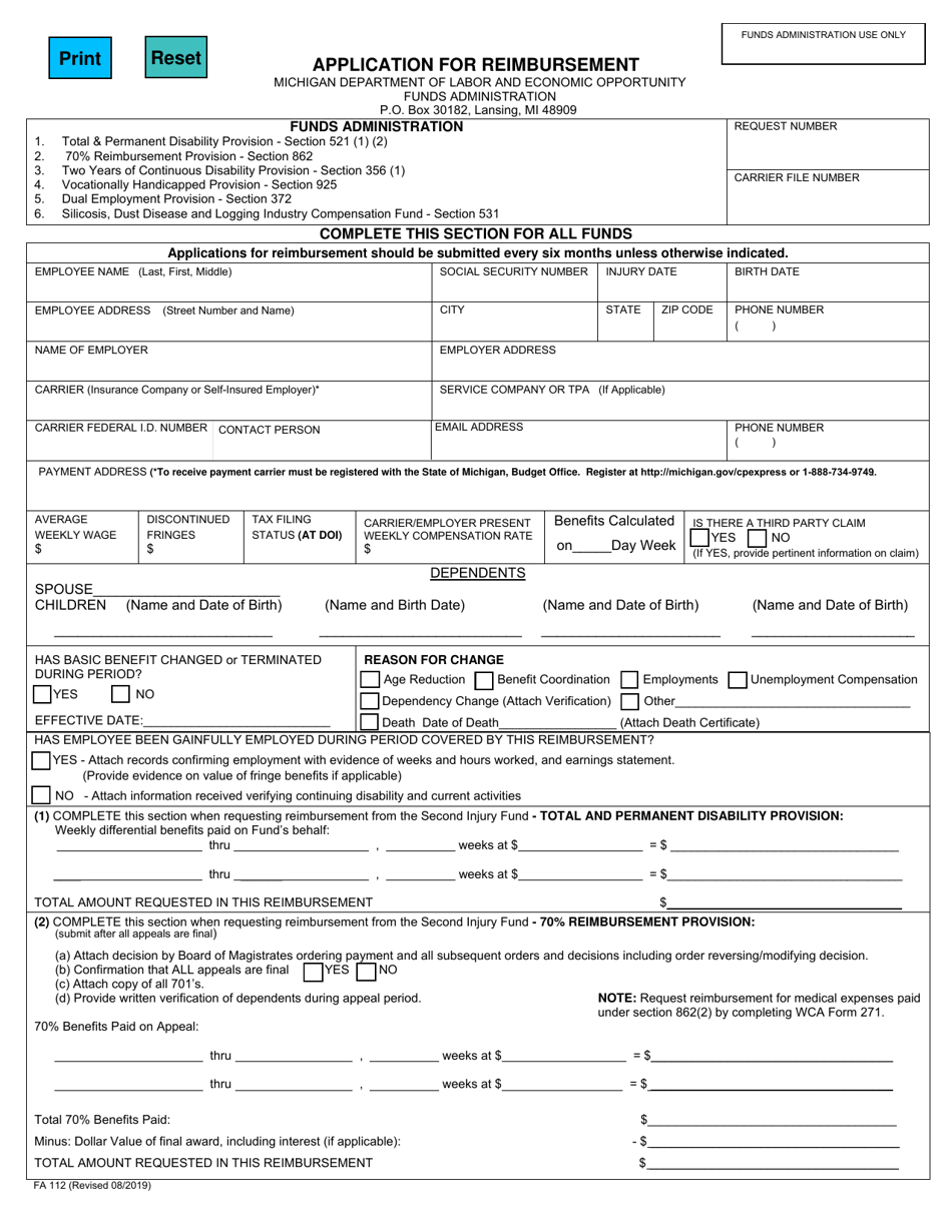Form FA112 Application for Reimbursement - Michigan, Page 1