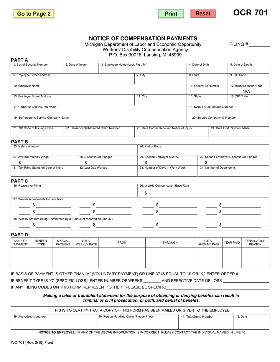 Form WC-701 Notice of Compensation Payments - Michigan, Page 1