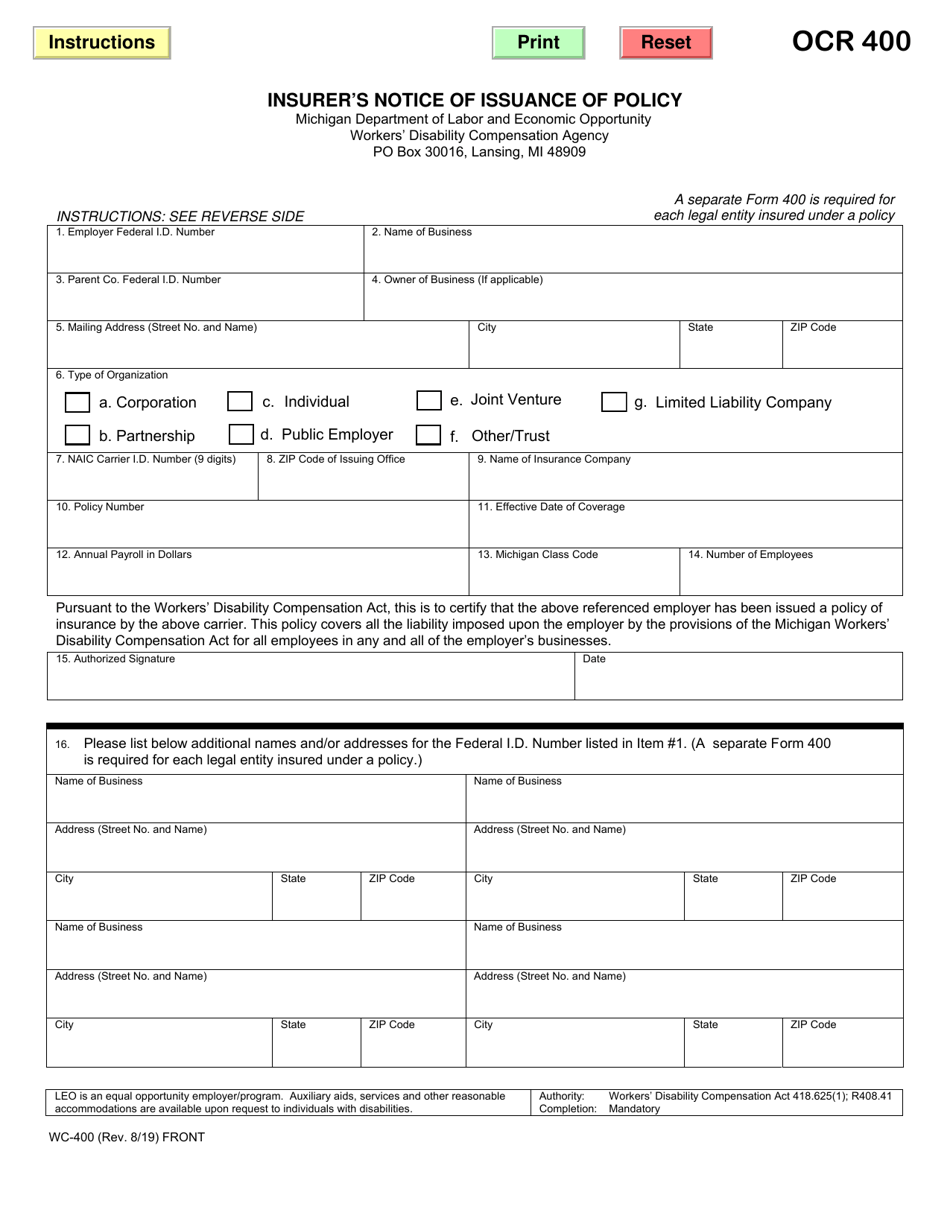 Form WC-400 Insurers Notice of Issuance of Policy - Michigan, Page 1