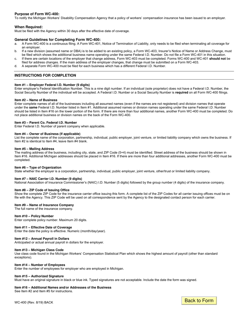 Form WC-400 Insurers Notice of Issuance of Policy - Michigan, Page 2