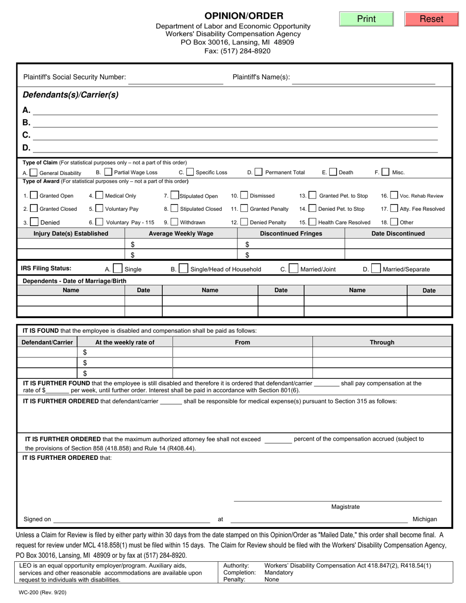 Form WC-200 - Fill Out, Sign Online and Download Fillable PDF, Michigan ...