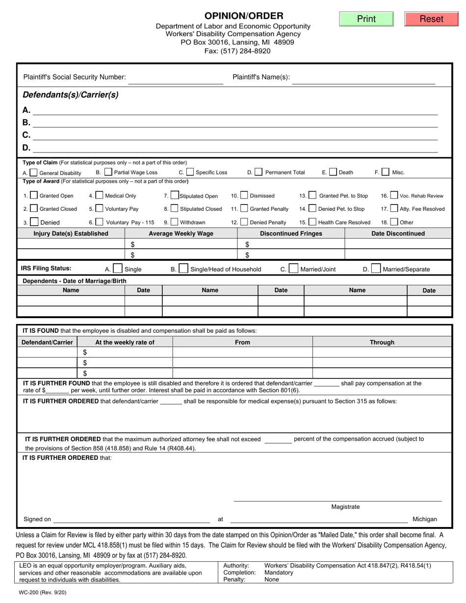 Form WC-200 Opinion / Order - Michigan, Page 1