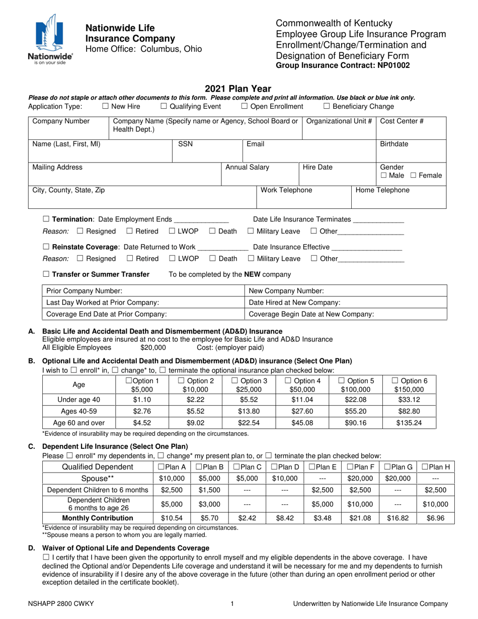 Employee Group Life Insurance Program Enrollment/Change/Termination and Designation of Beneficiary Form - Kentucky, Page 1