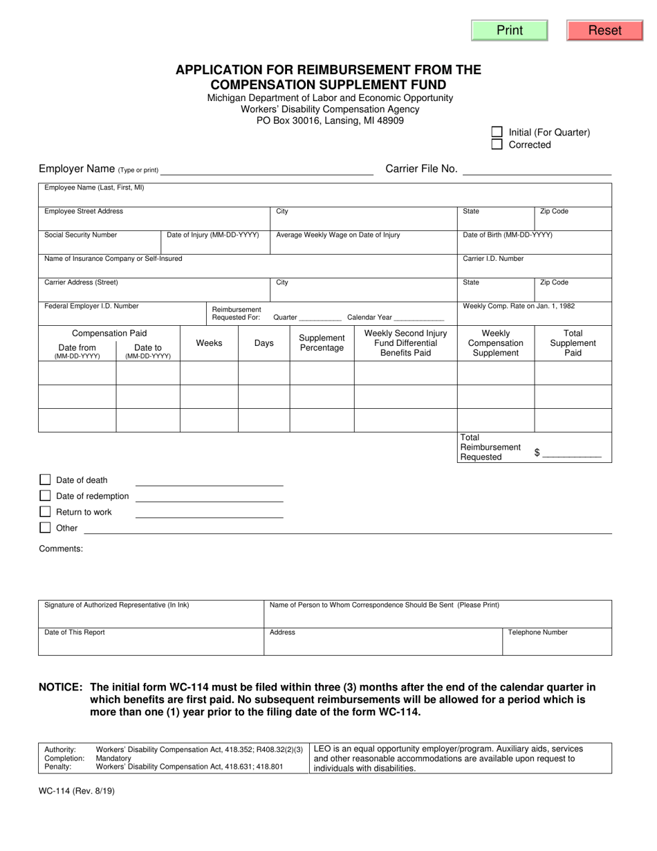 Form WC-114 - Fill Out, Sign Online and Download Fillable PDF, Michigan ...