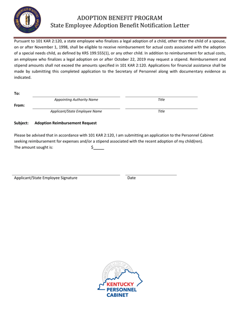 State Employee Adoption Benefit Notification Letter - Kentucky Download Pdf