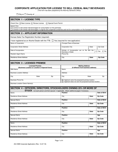 Corporate Application for License to Sell Cereal Malt Beverages - Kansas Download Pdf