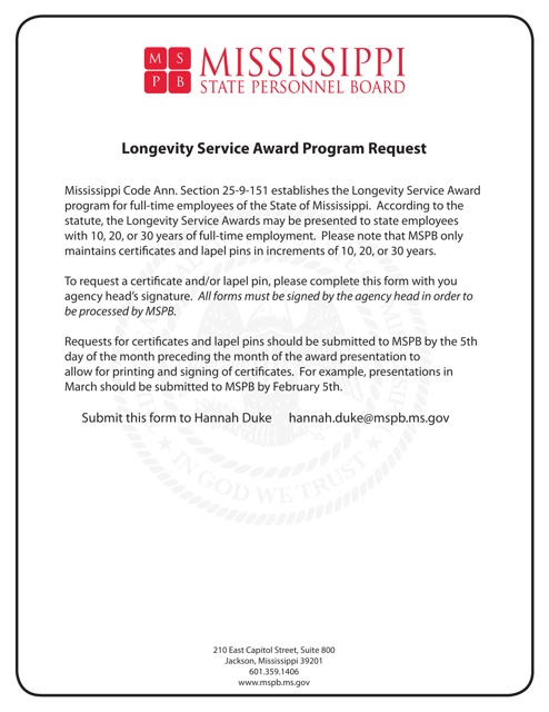 Longevity Service Award Program Request - Mississippi Download Pdf
