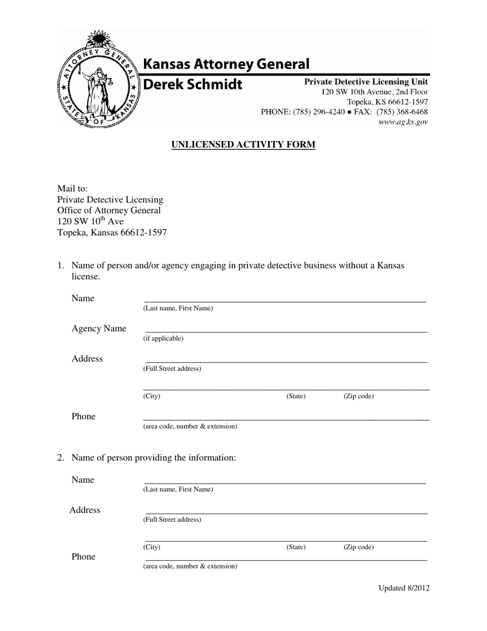 Private Detective Unlicensed Activity Form - Kansas, Page 1