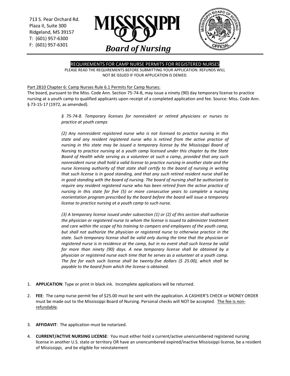 Camp Permit Application for Registered Nurses - Mississippi, Page 1