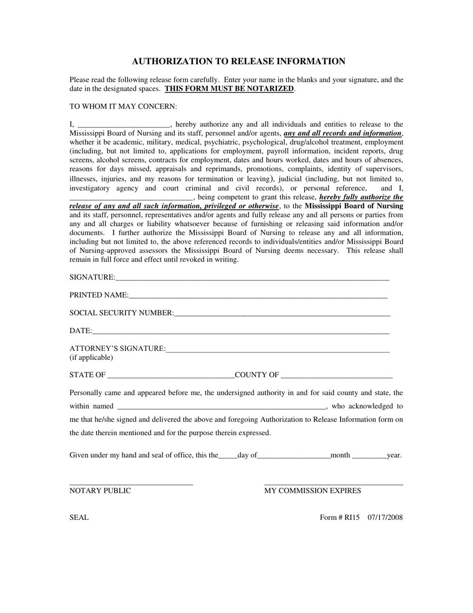 Form RI15 Authorization to Release Information - Mississippi, Page 1