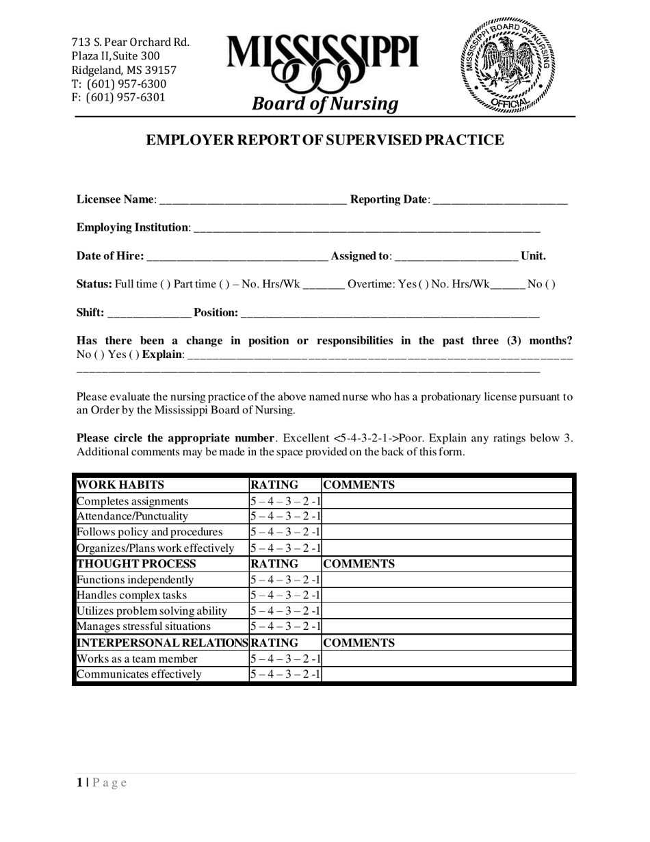 Employer Report of Supervised Practice - Mississippi, Page 1
