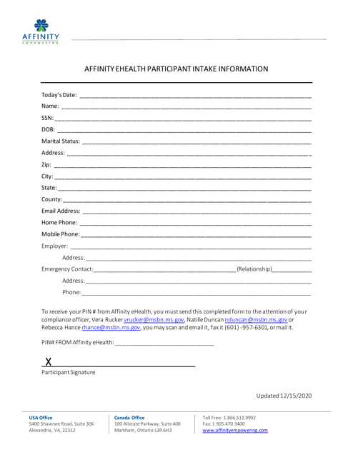 Affinity Ehealth Participant Intake Information - Mississippi Download Pdf