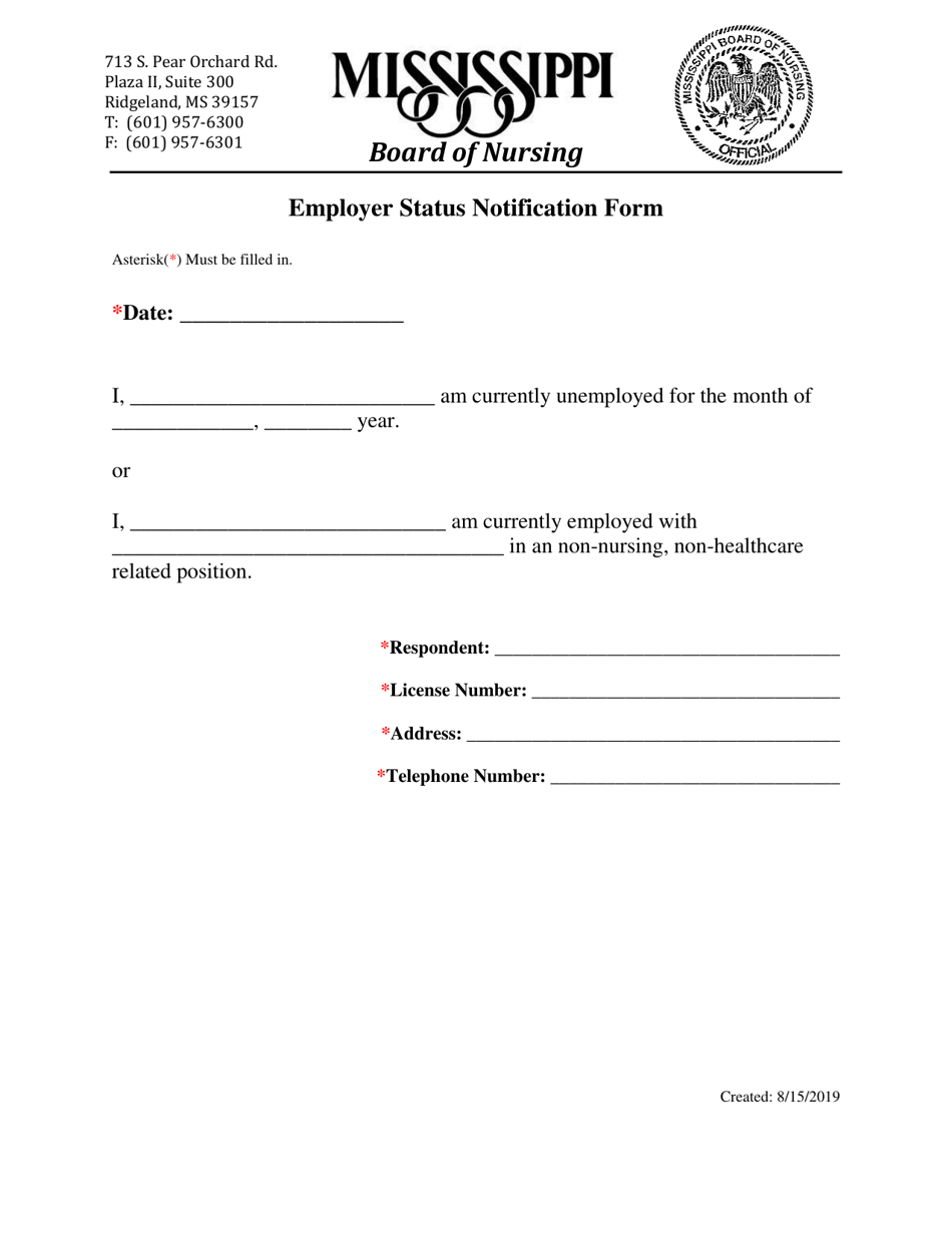 Employer Status Notification Form - Mississippi, Page 1