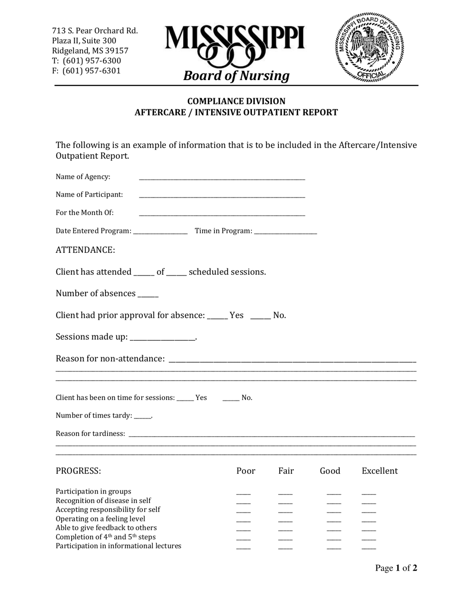 Aftercare / Intensive Outpatient Report - Mississippi, Page 1