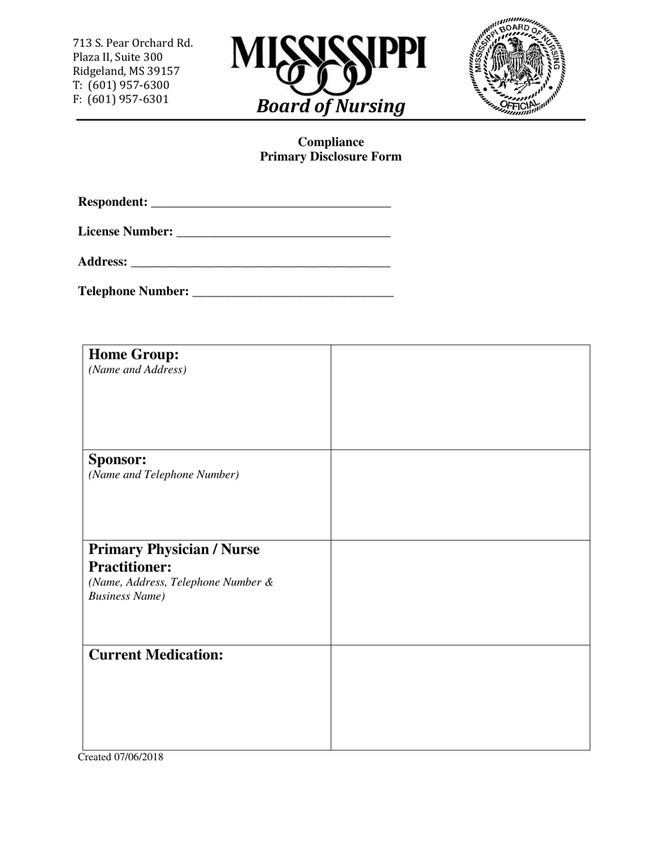 Primary Disclosure Form - Mississippi, Page 1