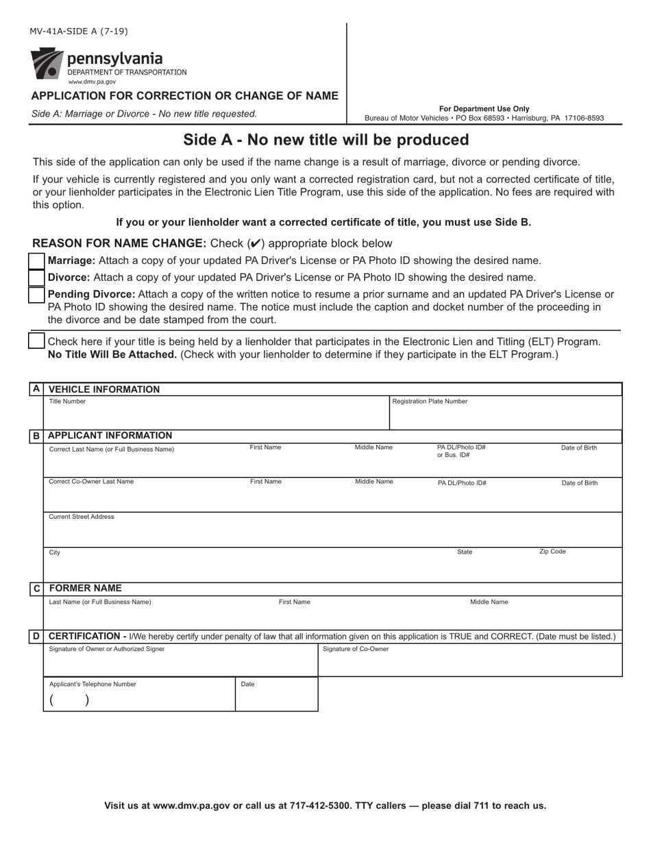 Form MV-41A Application for Correction or Change of Name - Pennsylvania, Page 1