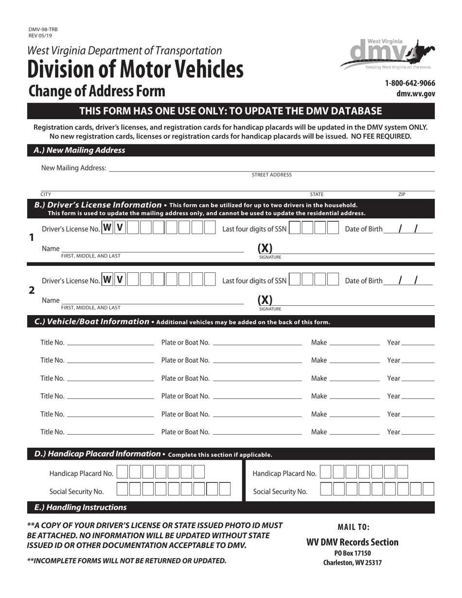 Form DMV-98-TRB Change of Address Form - West Virginia, Page 1