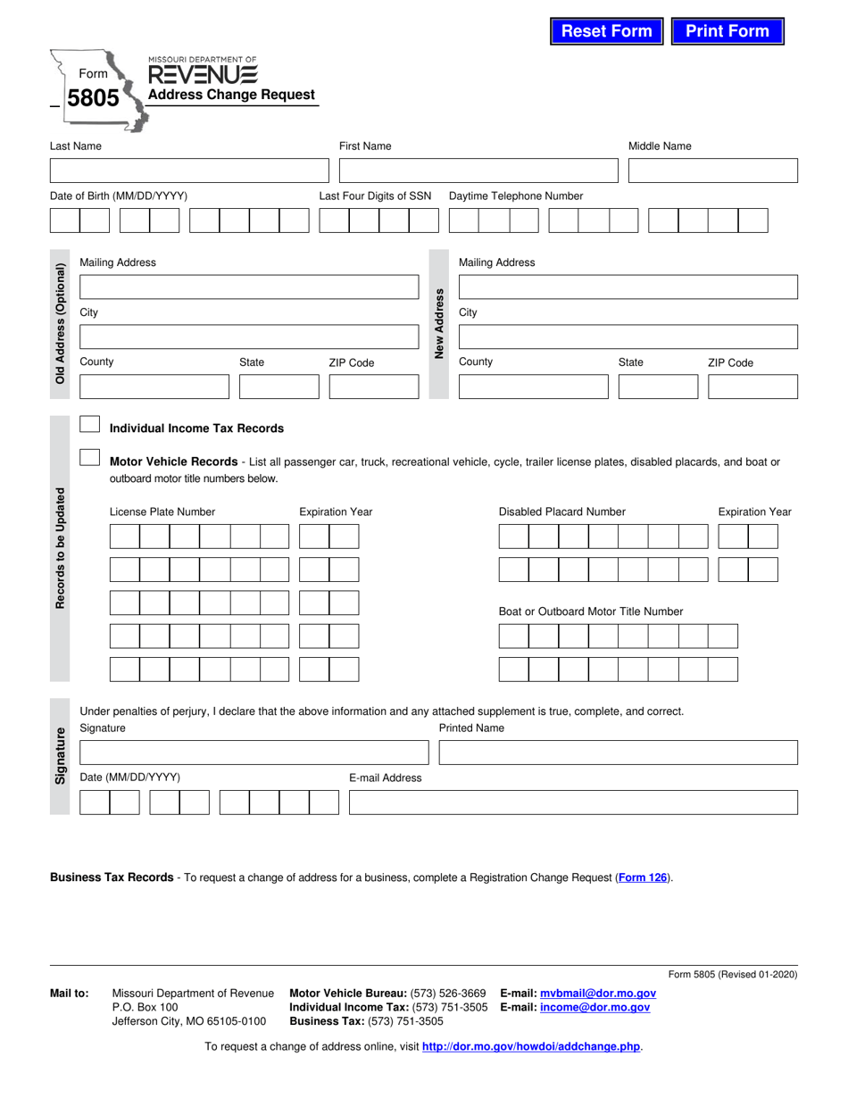 Form 5805 Address Change Request - Missouri, Page 1