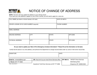 Document preview: Form FSDL-763 Notice of Change of Address - Wyoming