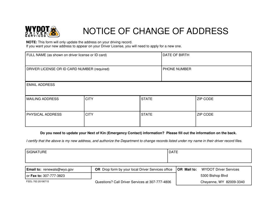Form FSDL-763 Notice of Change of Address - Wyoming, Page 1