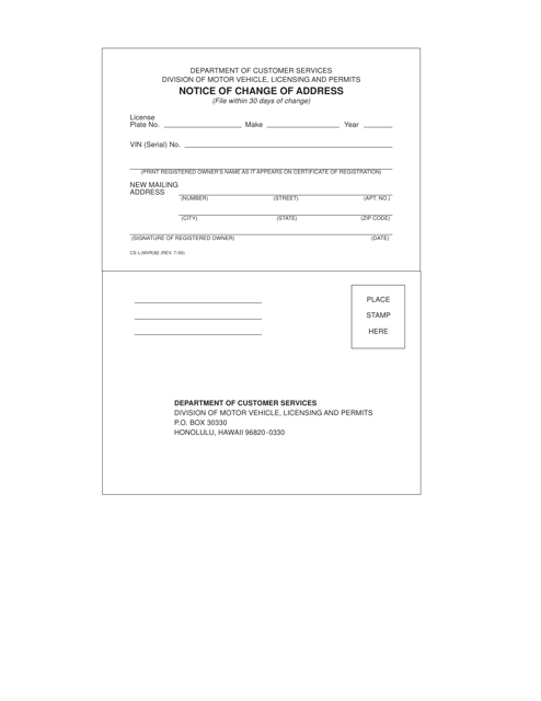 Form CS-L(MVR)82 Notice of Change of Address - Hawaii