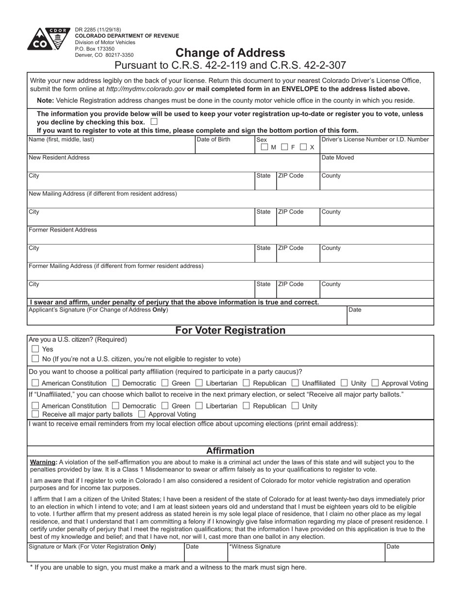 Form DR2285 Change of Address - Colorado, Page 1