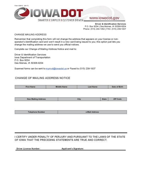 Form 430012 Change of Mailing Address Notice - Iowa