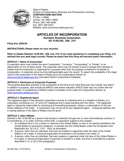 Form 08-400 Articles of Incorporation - Domestic Business Corporation - Alaska