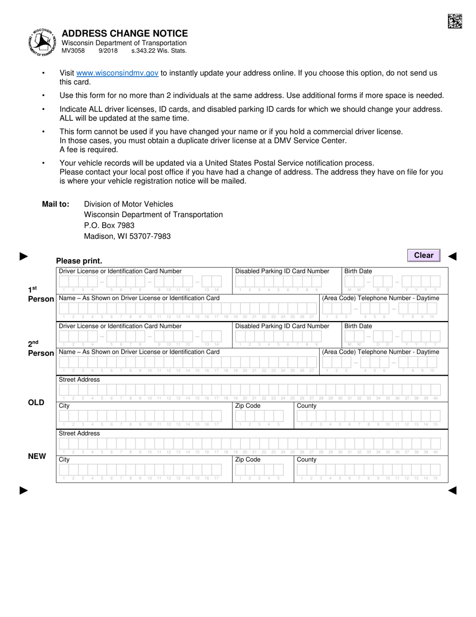 Form MV3058 Address Change Notice - Wisconsin, Page 1
