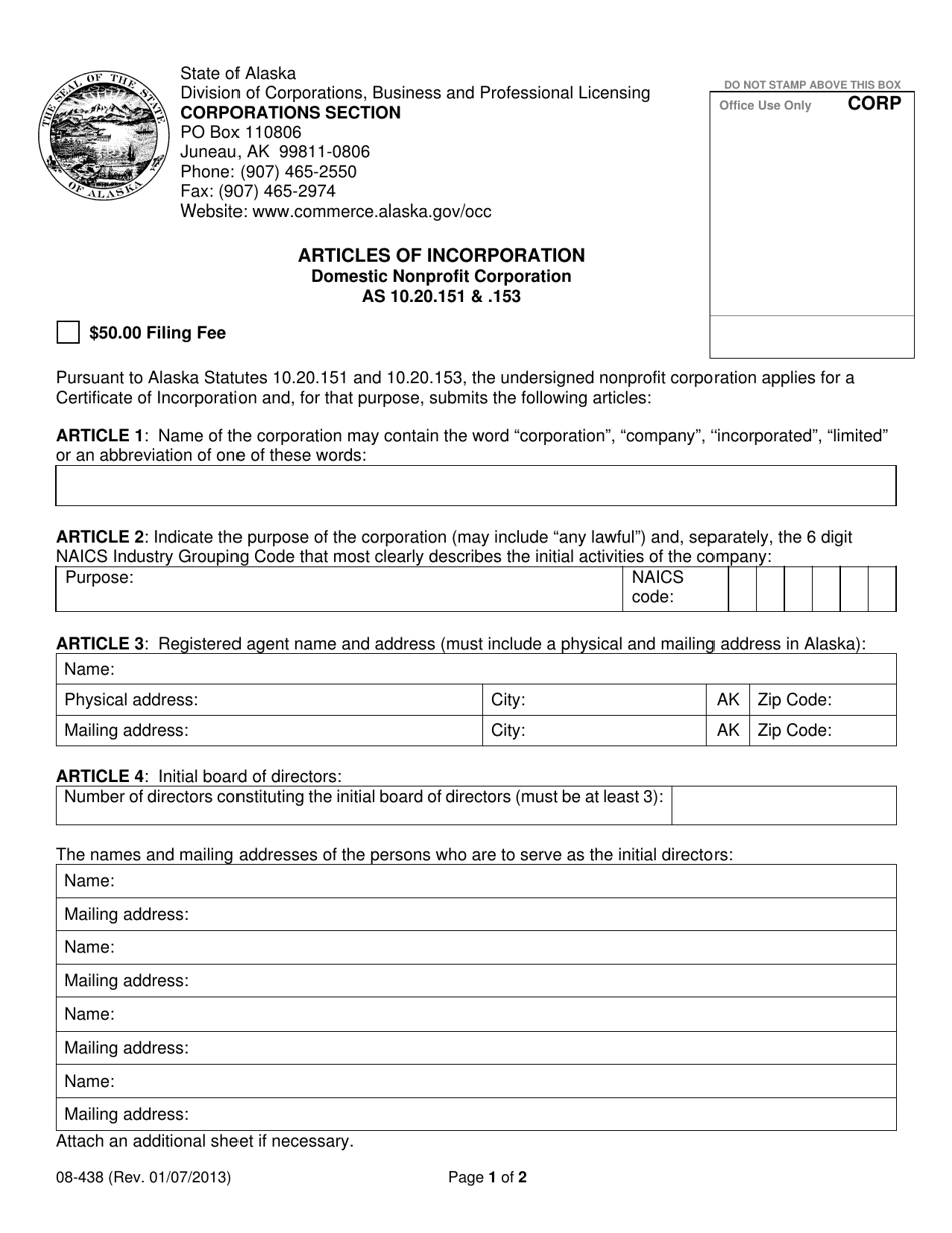 Form 08 438 Download Fillable Pdf Or Fill Online Articles Of Incorporation Domestic Nonprofit 7156