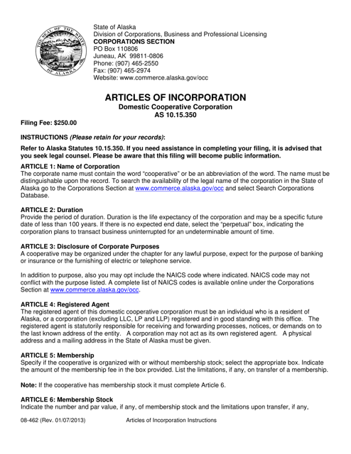 Form 08-462 Articles of Incorporation - Domestic Cooperative Corporation - Alaska