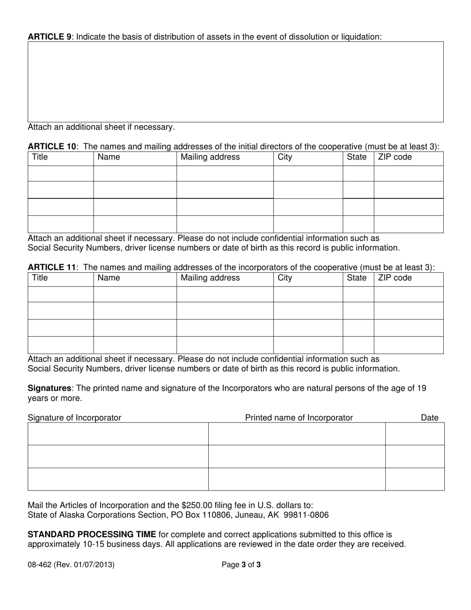 Form 08-462 Articles of Incorporation - Domestic Cooperative Corporation - Alaska, Page 5