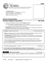 Form 08-539 &quot;Articles of Incorporation - Domestic Religious Corporations&quot; - Alaska