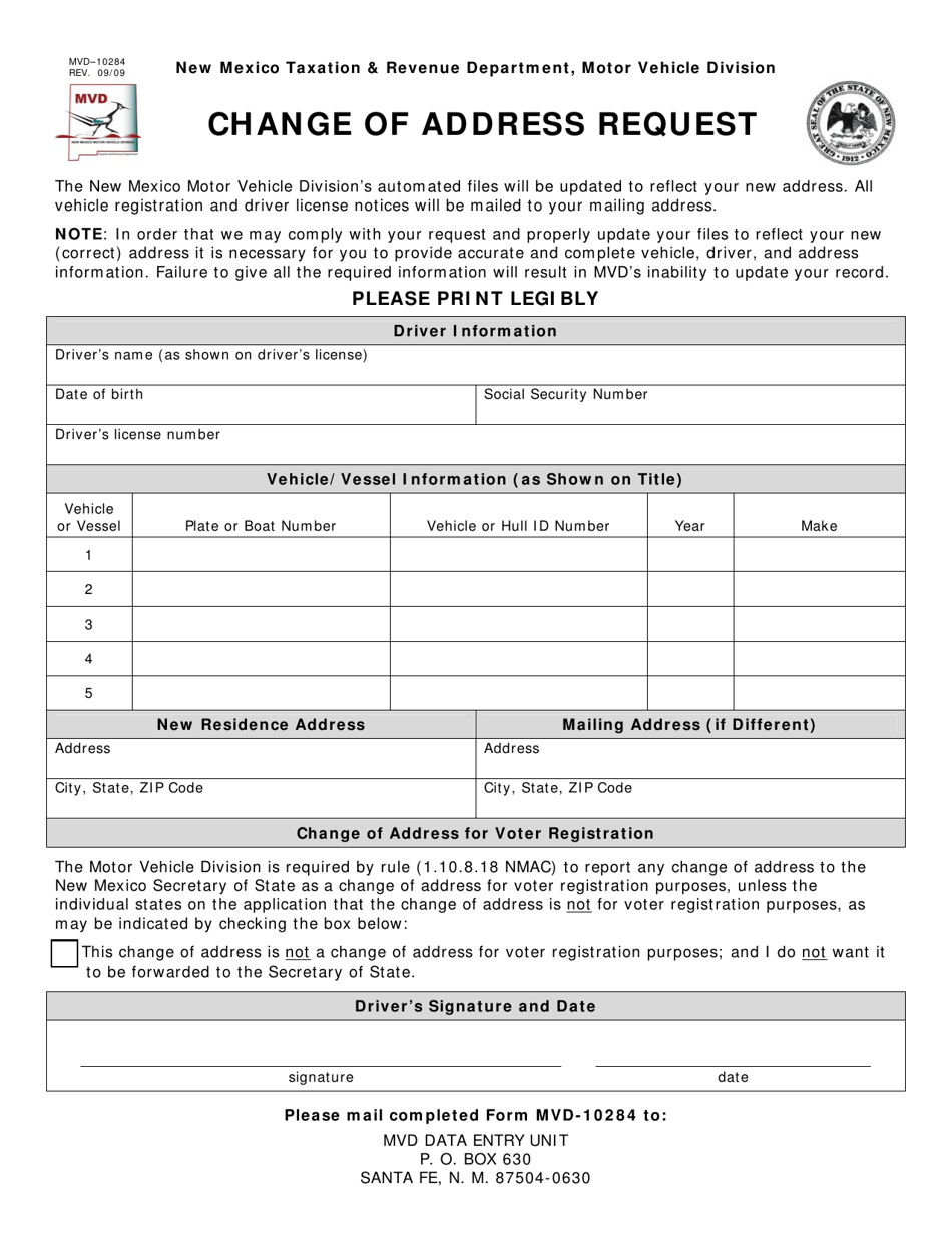 Form MVD-10284 Change of Address Request - New Mexico, Page 1