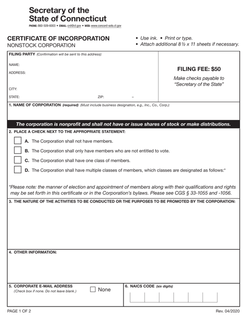 Certificate of Incorporation - Nonstock Corporation - Connecticut