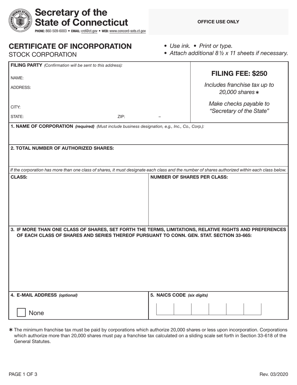 Certificate of Incorporation - Stock Corporation - Connecticut, Page 1