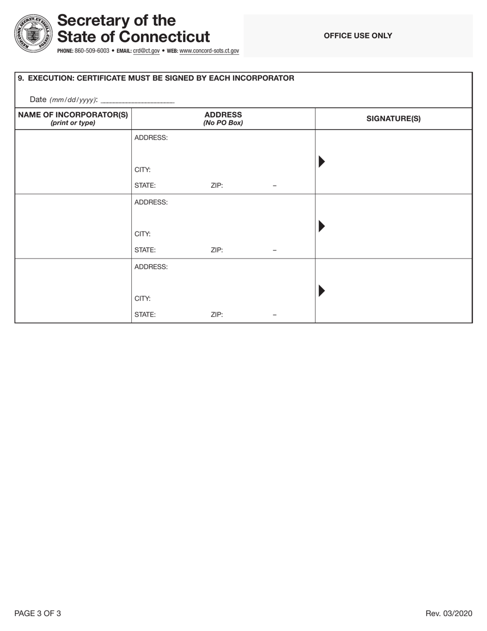 Certificate of Incorporation - Stock Corporation - Connecticut, Page 3