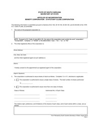Form 0011 &quot;Articles of Incorporation Benefit Corporation - Statutory Close Corporation&quot; - South Carolina