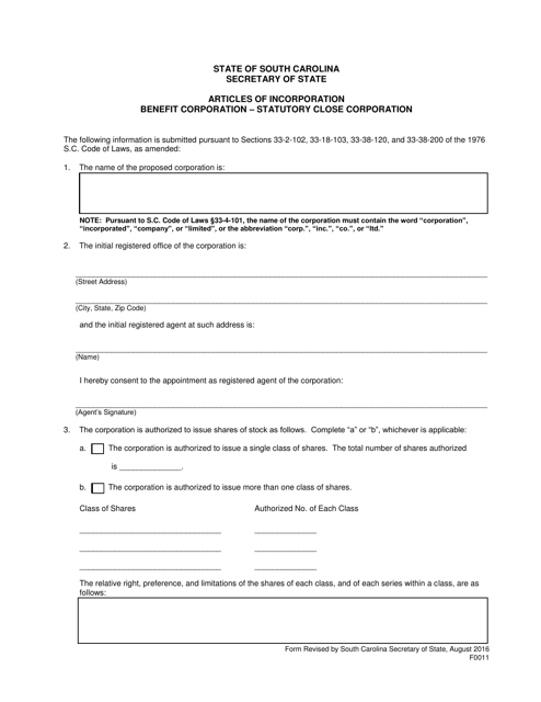 Form 0011 Articles of Incorporation Benefit Corporation - Statutory Close Corporation - South Carolina
