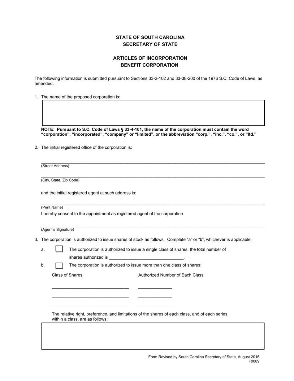 Form 0009 Articles of Incorporation Benefit Corporation - South Carolina, Page 1