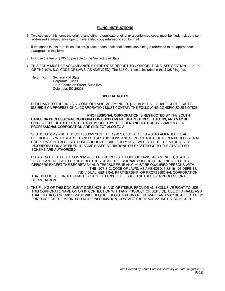 Form 0023 Articles of Incorporation Professional Corporation - South Carolina, Page 4