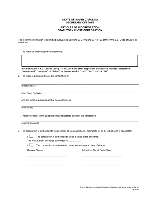 Form 0026 Articles of Incorporation Statutory Close Corporation - South Carolina