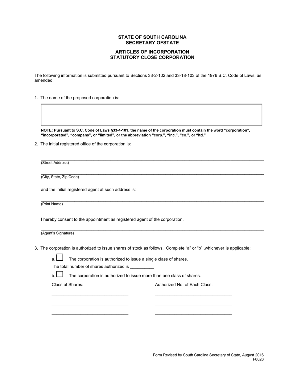Form 0026 Articles of Incorporation Statutory Close Corporation - South Carolina, Page 1