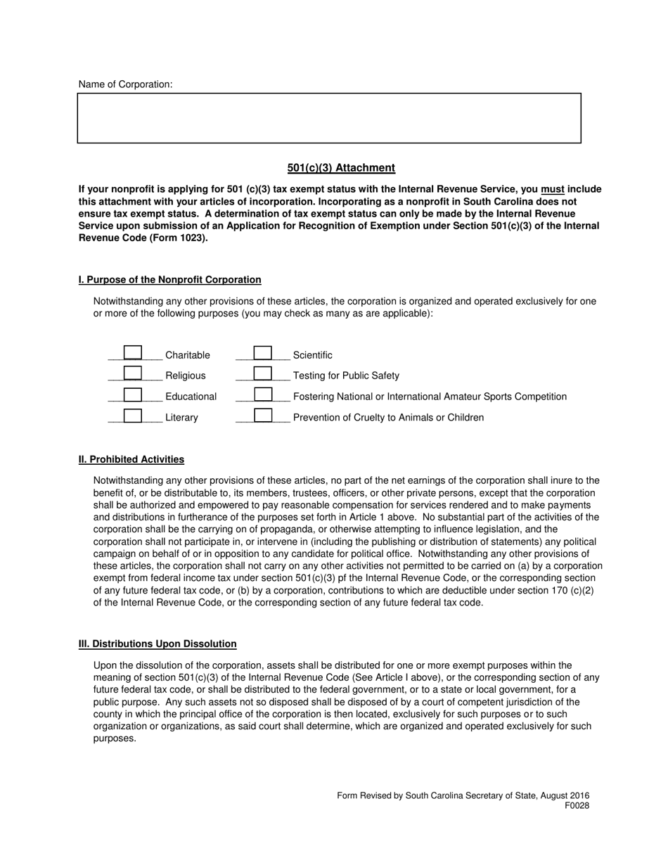 Form 0028 501(C)(3) Attachment - South Carolina, Page 1